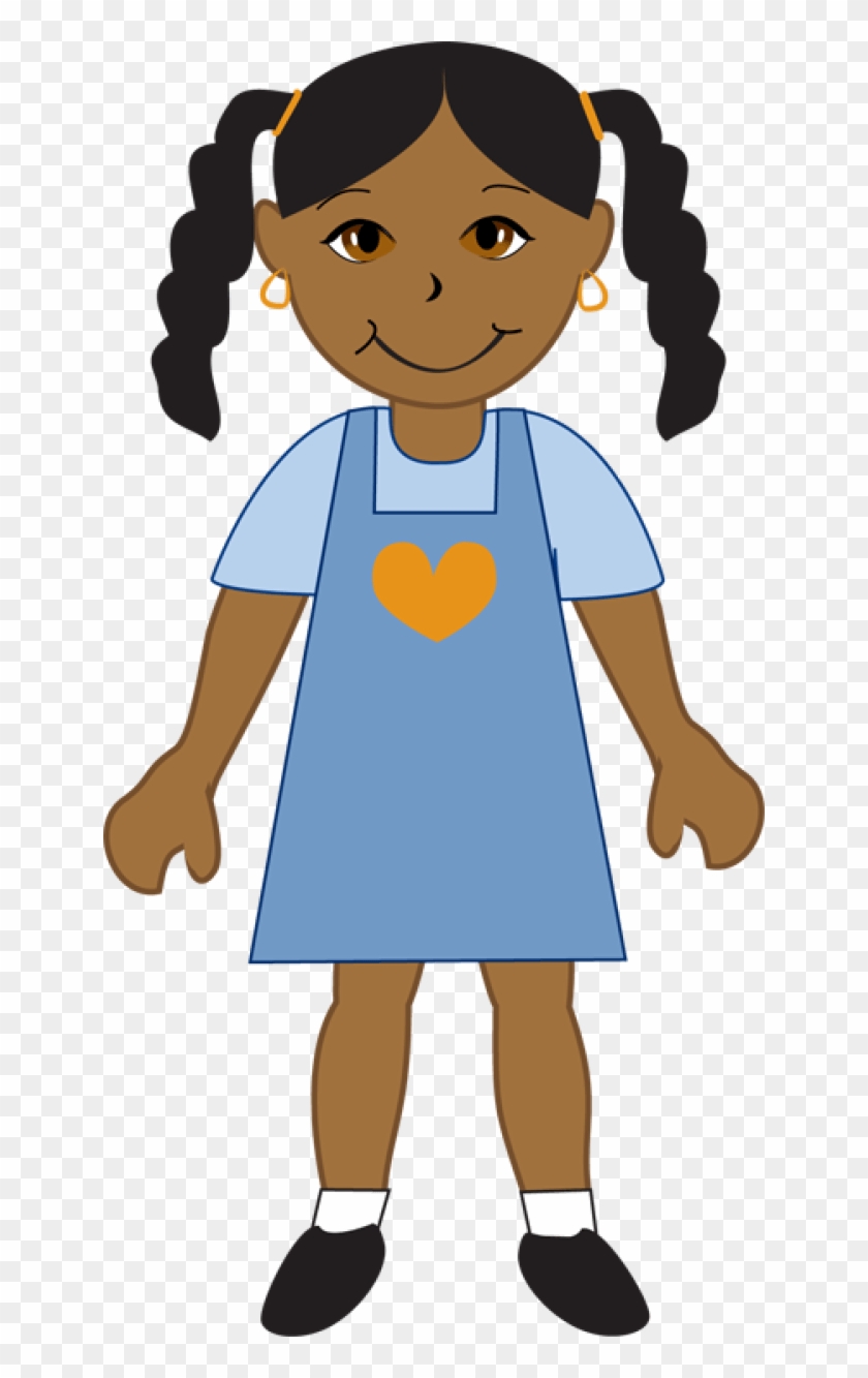 Smiling cartoon girl with dark skin, black pigtails, blue dress with orange heart, and gold earrings.