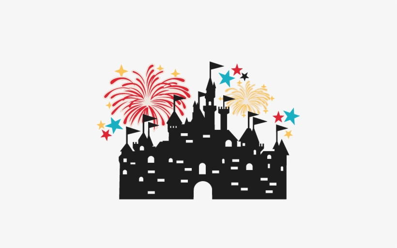 Silhouette of a fairy-tale castle with colorful fireworks and stars bursting above it.