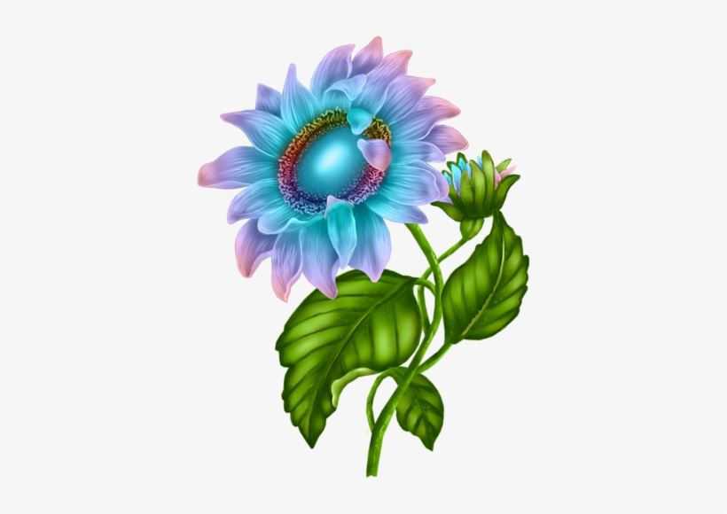 A vibrant, stylized sunflower with iridescent blue and lavender petals, green leaves, and a glowing teal center on a white background.