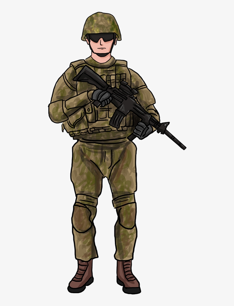 Soldier in camouflage uniform holding assault rifle, wearing helmet and tactical vest.