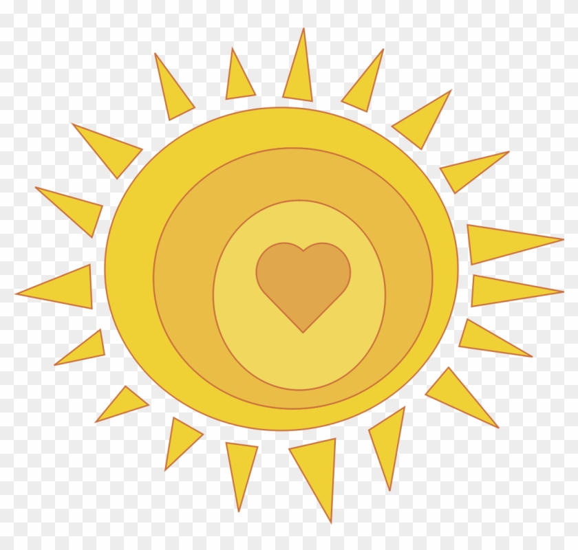 A stylized yellow sun with radiating triangular rays and a heart at its center, on transparent background.