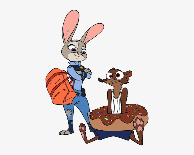 Judy Hopps in police uniform with orange backpack stands beside Nick Wilde sitting inside a chocolate-sprinkled donut ring.