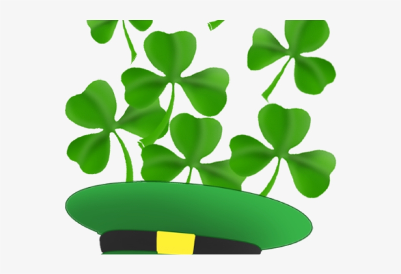 Green leprechaun hat with black band and yellow buckle, overflowing with vibrant three-leaf shamrocks.