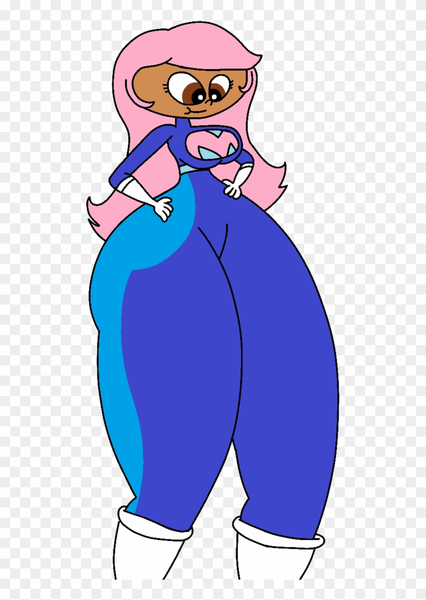 A cartoon female character with pink hair, brown skin, and a blue-and-teal bodysuit posing confidently.