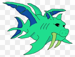 A vibrant green fantasy creature blending shark, dragon, and boar features with blue wings and tusks.
