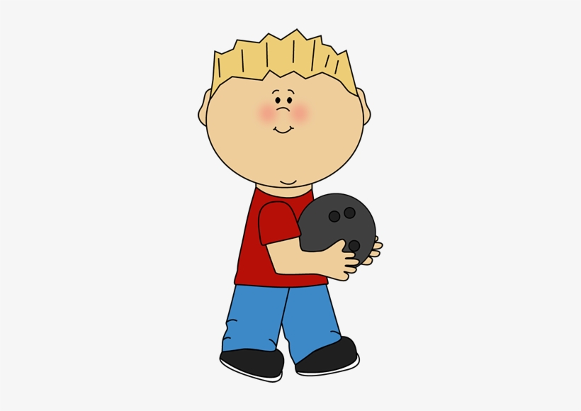 Cartoon boy with blond hair holding a black bowling ball, wearing red shirt and blue pants.