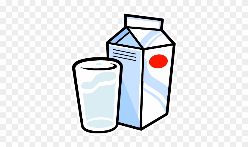 A cartoon-style illustration of a glass of milk next to a blue-and-white milk carton with a red dot logo.