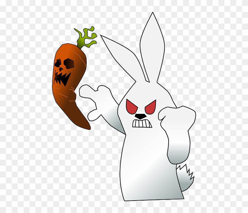 Angry white ghost rabbit holding a carved, menacing carrot with skull face and green top.