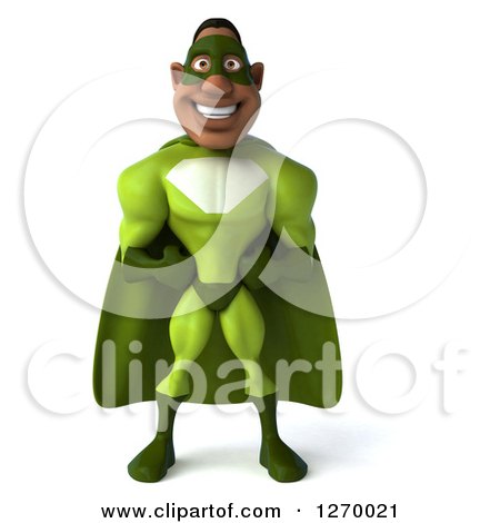 Green superhero with mask, cape, and muscular build standing confidently against white background.