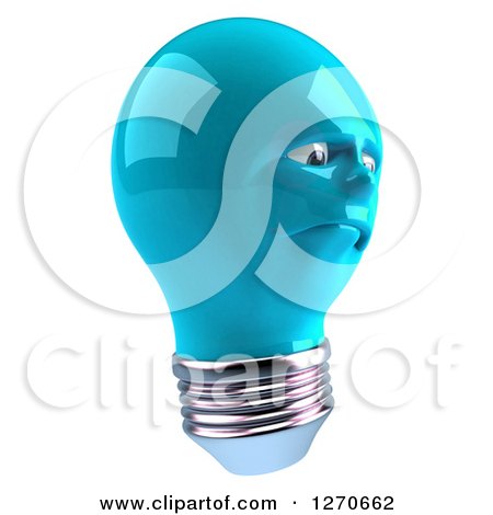 Blue lightbulb with human face inside, expressing concern or deep thought, on white background.