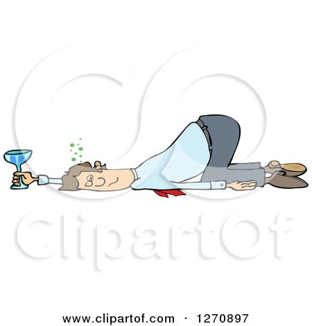 A cartoon man lying on the ground, passed out with a drink in his hand, showing signs of intoxication.