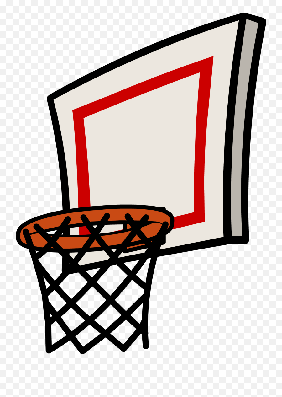 Cartoon-style basketball hoop with backboard, orange rim, black net, and red shooter’s square on white background.