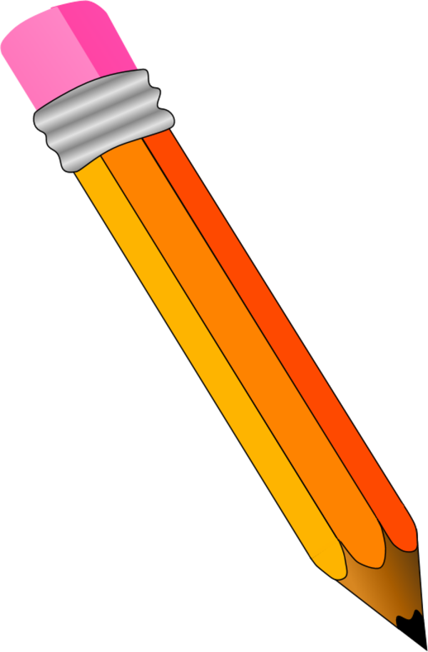 A colorful yellow-orange pencil with a pink eraser and silver ferrule, sharpened to a fine point against a black background.