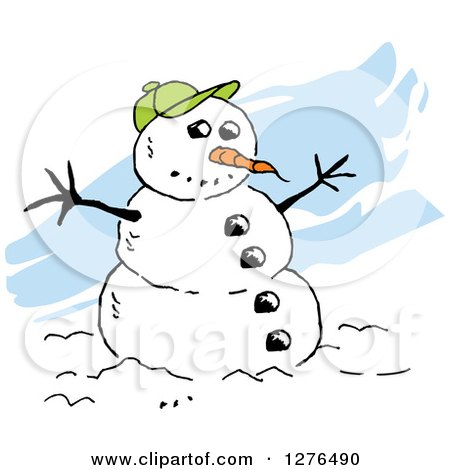 A cheerful cartoon snowman wearing a green cap, with stick arms, coal eyes and buttons, and a carrot nose, standing in snowy wind.