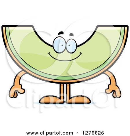 Cheerful cartoon cantaloupe slice with arms, legs, and a smiling face.