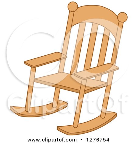 Classic wooden rocking chair with slatted back, armrests, and curved rockers, in warm light-brown finish.