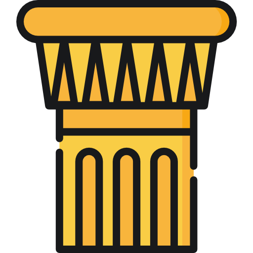 Stylized golden Doric column with black outlines, featuring fluted shaft, plain capital, and square base.