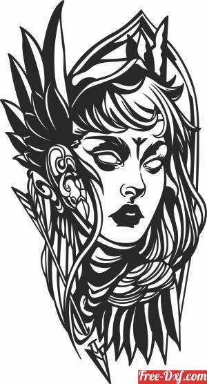 Black-and-white stylized tattoo-style illustration of a woman with ornate wings, crown, and intricate linework.