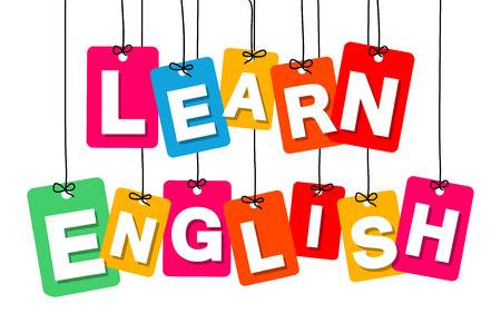 Colorful hanging tags spelling "LEARN ENGLISH" in bold white letters on vibrant backgrounds.