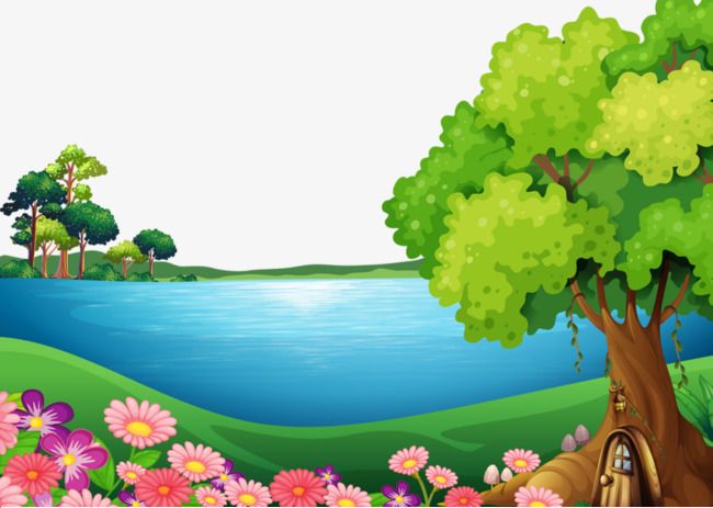 Serene lakeside scene with vibrant flowers, lush green trees, and a whimsical treehouse nestled in a large oak.