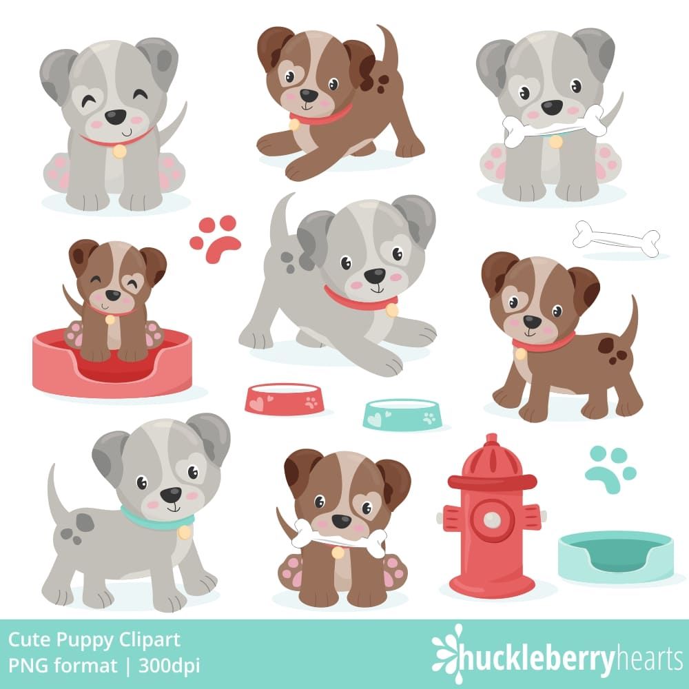 Collection of cute cartoon puppies in various poses with accessories like bones, bowls, and fire hydrant; PNG clipart set.
