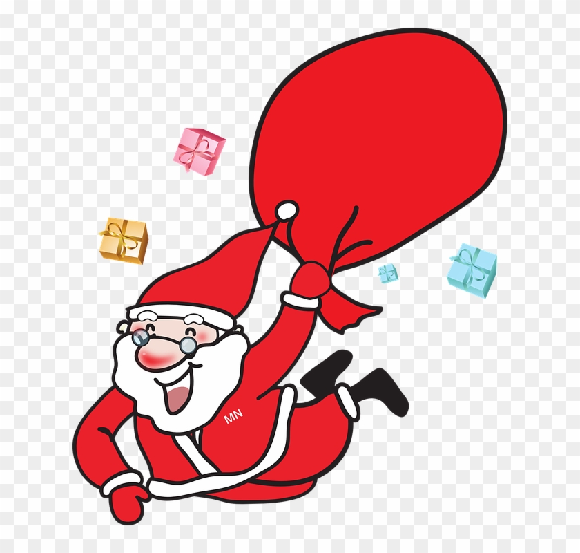 Cheerful cartoon Santa Claus flying with a giant red gift sack and floating presents.
