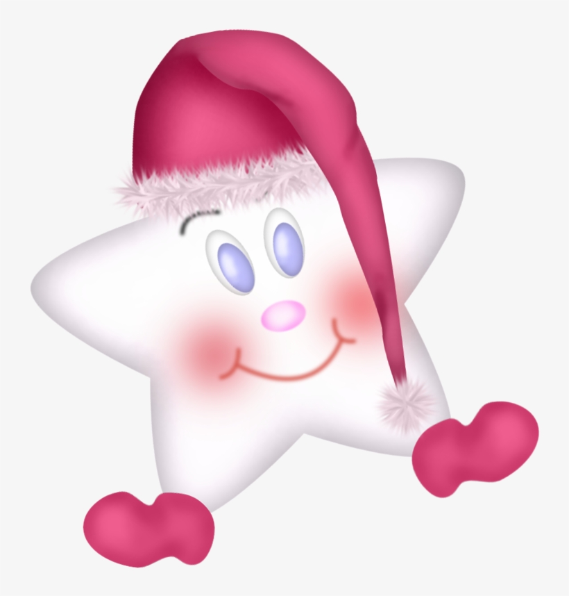 A cheerful white cartoon star wearing a pink Santa hat and pink mittens, with rosy cheeks and a smiling face.