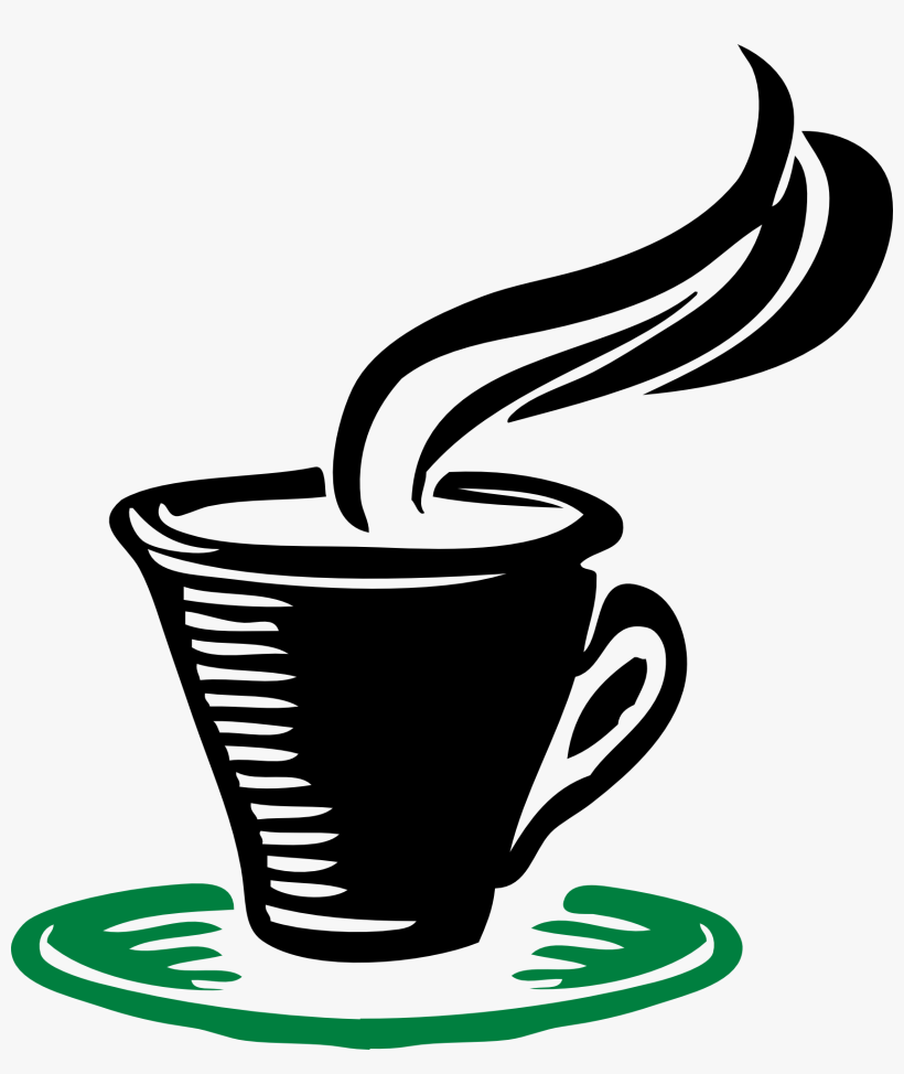 Black coffee cup with steam rising, placed on a green saucer, stylized vector illustration.