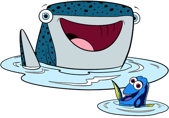 A cheerful animated whale shark and a small blue fish (Dory) smiling in water splashes.