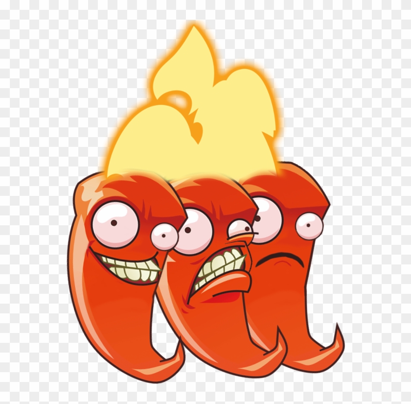 Three cartoonish red chili peppers with expressive faces and a flame above them, showing excitement, anger, and sadness.