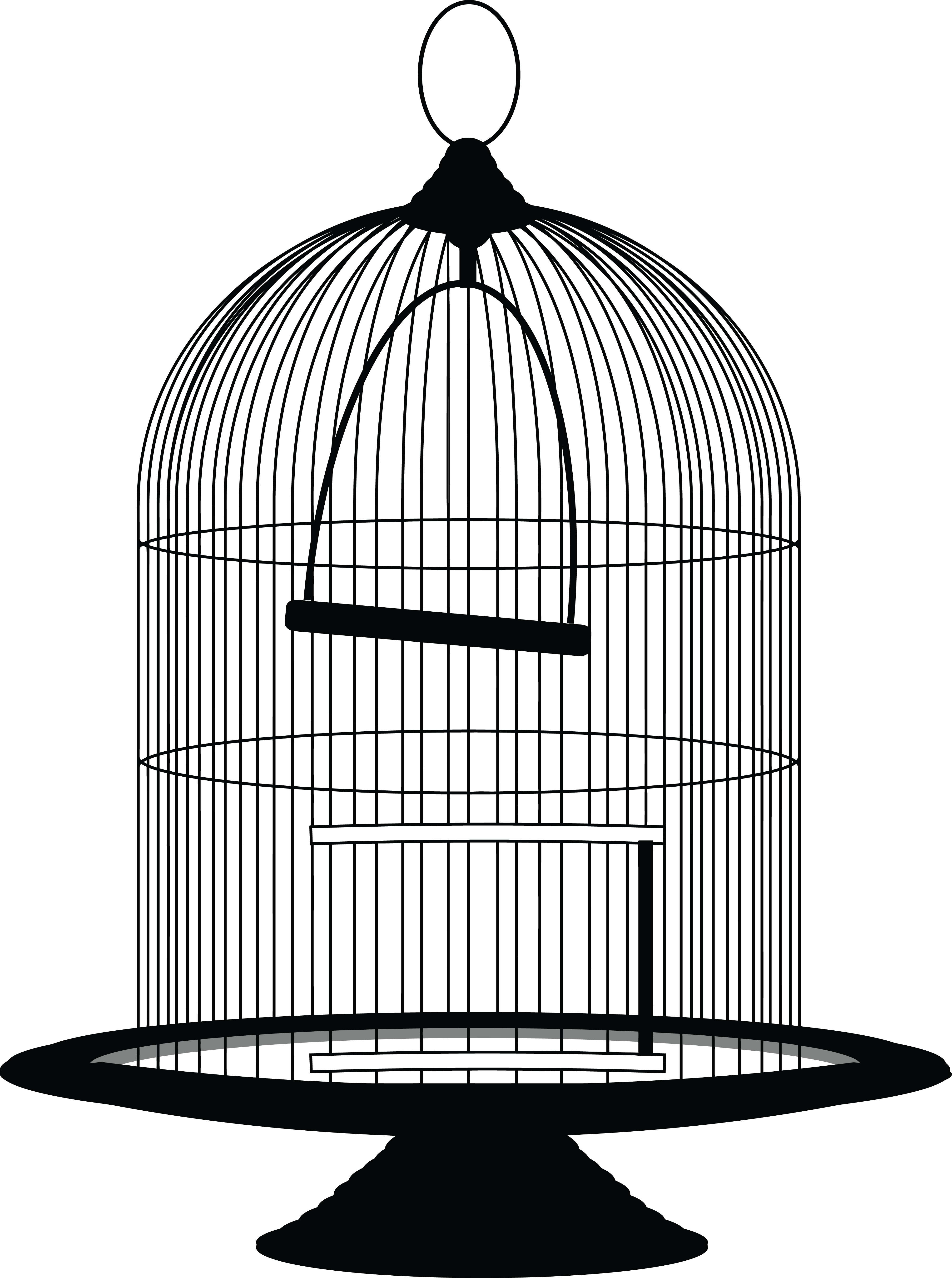 Black silhouette of an ornate vintage birdcage with domed top, perch, and pedestal base on white background.