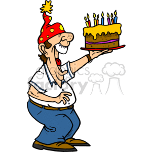 Cheerful cartoon man in party hat holding a birthday cake with lit candles.