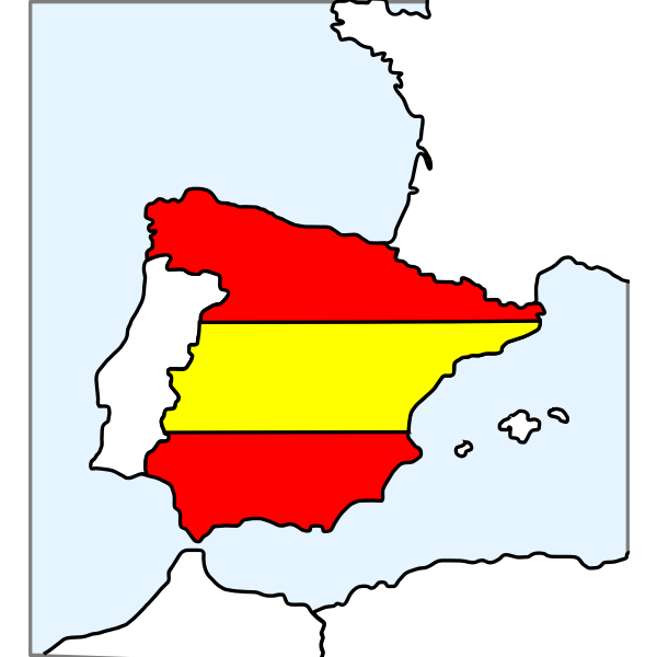 Map of Spain with national flag colors overlaid on its territory, highlighting geographical boundaries and maritime context.