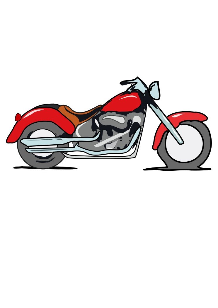 Red and gray classic cruiser motorcycle illustration with chrome details and brown seat.