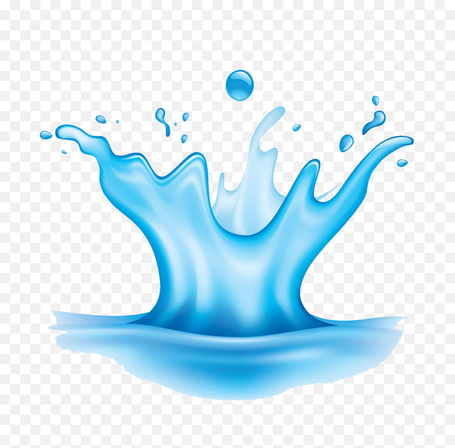 Dynamic blue water splash with droplets and crown-like formation on transparent background.