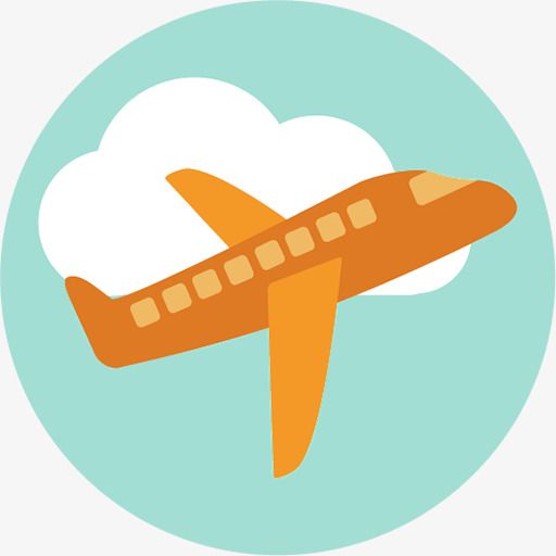 Orange airplane flying through a white cloud in a light blue sky circle.