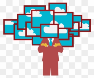 Businessperson with cloud-shaped screens forming a digital brain, symbolizing cloud computing and data management.