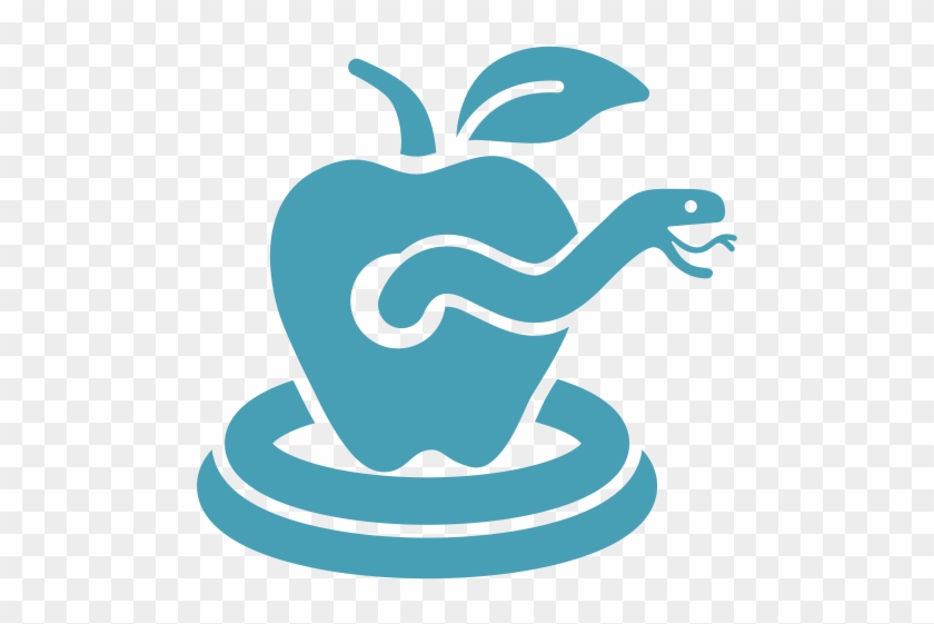 Blue stylized apple with a snake coiled around it and emerging from its side, symbolizing temptation or knowledge.