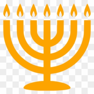 Orange nine-branched menorah with lit flames on transparent background, symbol of Hanukkah.