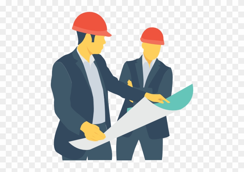 Two professionals in suits and red hard hats reviewing blueprints together.