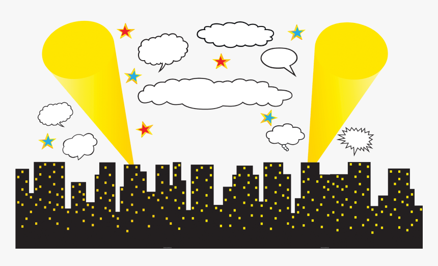 Night city skyline illuminated by two bright yellow spotlights, speech bubbles, stars, and clouds above.