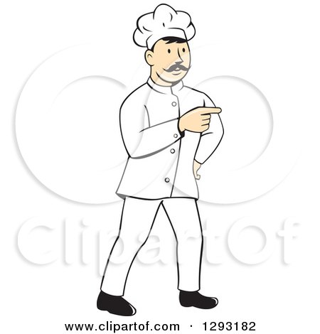 Cartoon chef in white uniform and toque pointing confidently with mustache and smile.