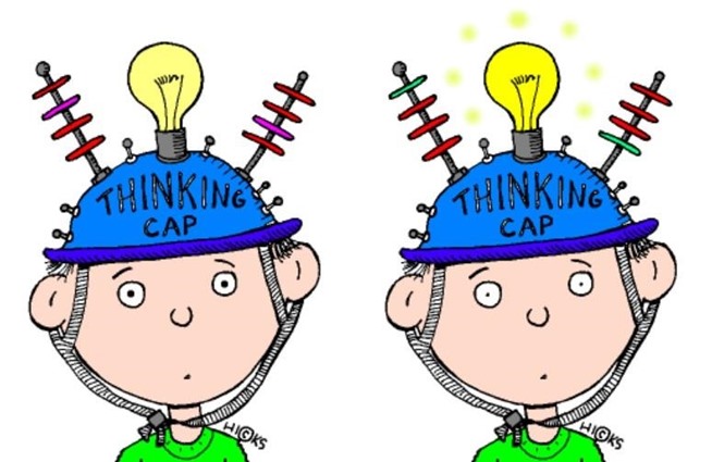 Two cartoon characters wearing "Thinking Cap" helmets with lightbulbs and circuitry, illustrating creative problem-solving.