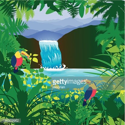 Vibrant toucans perched among lush jungle foliage with a cascading waterfall in the background.