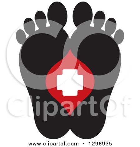 Black footprints with red medical cross droplet overlay, symbolizing foot health or injury care.