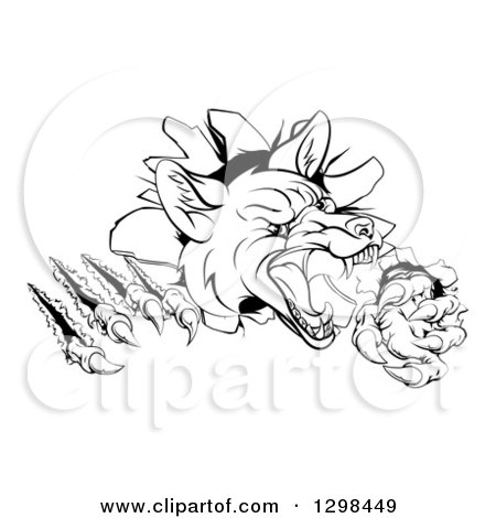 Fierce cartoon wolf mascot breaking through a surface with sharp claws and snarling expression, black-and-white line art.