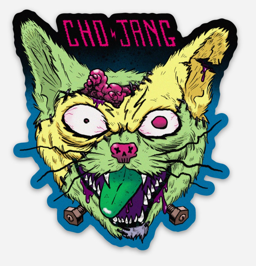 A grotesque, stitched-up zombie cat head with glowing eyes, exposed brain, and dripping purple goo, labeled "CHO JANG" in pink pixel font.