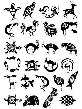 Collection of black-and-white stylized indigenous symbols and animal motifs in grid layout.