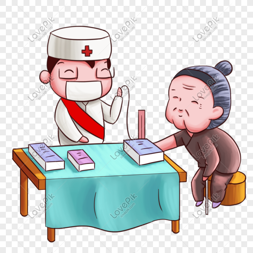 A cartoon nurse in uniform consults with an elderly woman seated at a table with medical books and a stethoscope.