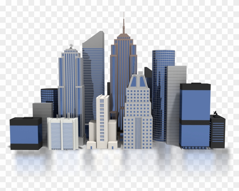 Stylized 3D city skyline with modern skyscrapers in blue, gray, and white tones on transparent background.